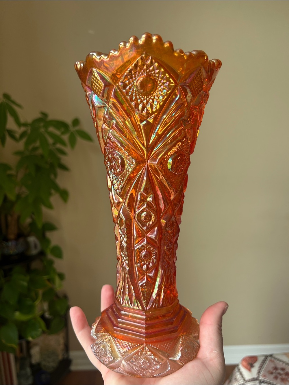 10” Vintage Marigold Carnival Glass Vase Intricate geometric panels, starbursts